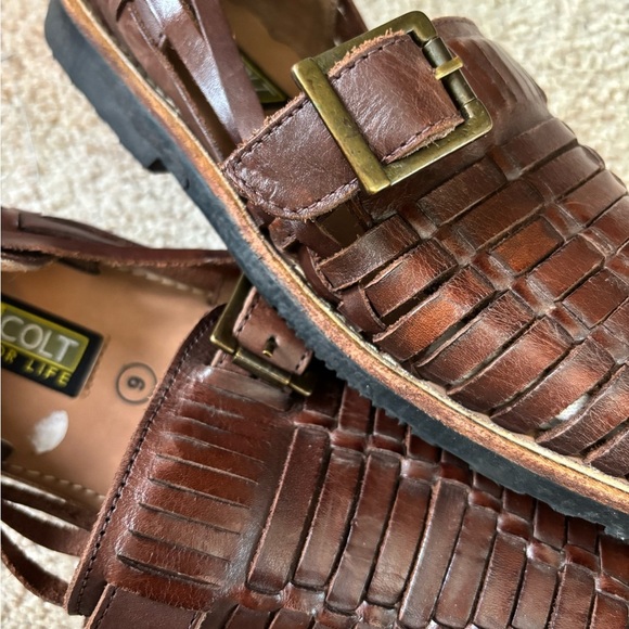 Mens RJ Colt Brown Leather Woven Fisherman Sandals - Picture 2 of 7